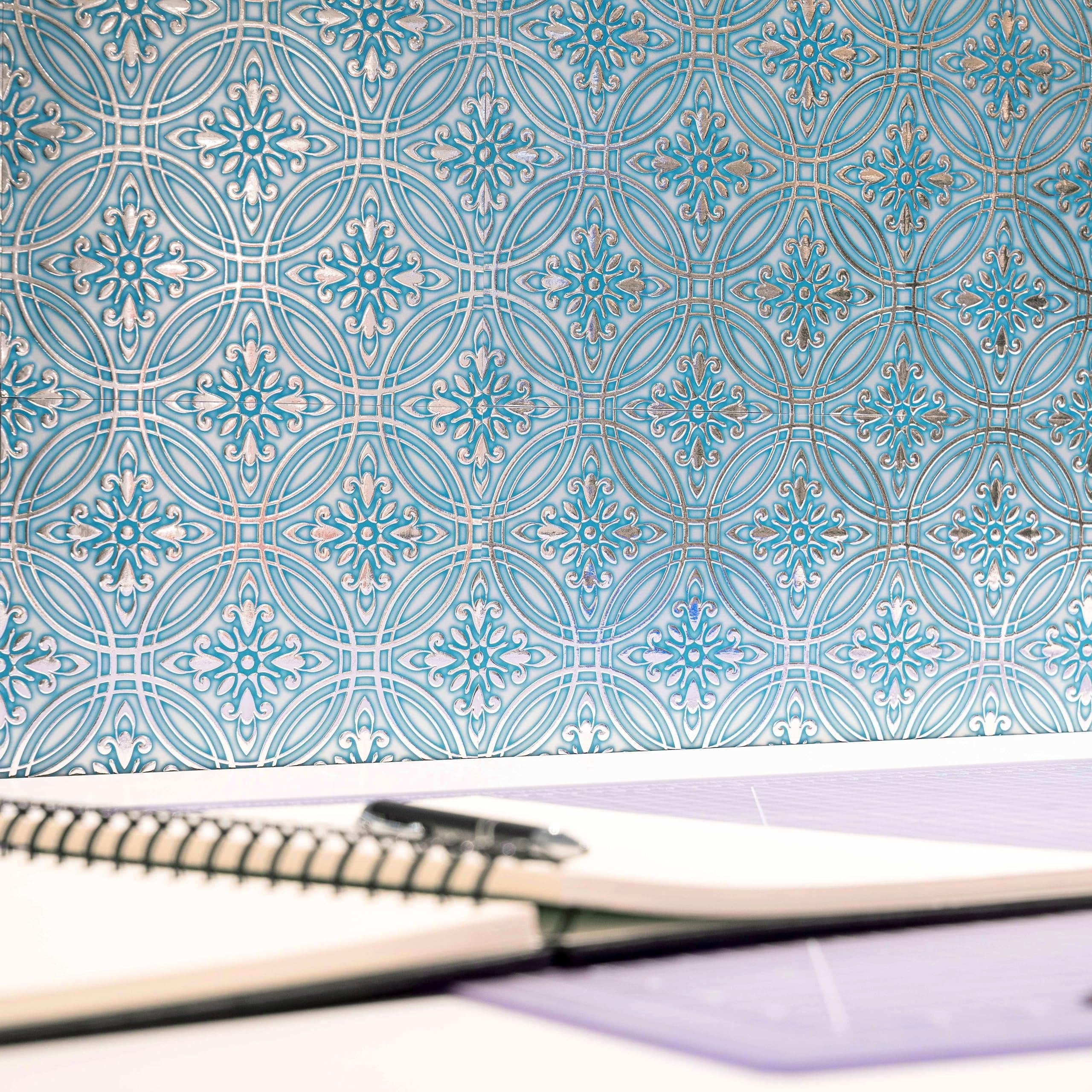 Teal Painted Silver Peel and Stick Wallpaper Tiles - 24 Pack