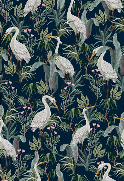 No Egrets – Peel and Stick Wallpaper Panel 16 x 24" in Navy with Birds and Botanicals