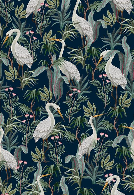 No Egrets – Peel and Stick Wallpaper Panel 16 x 24" in Navy with Birds and Botanicals
