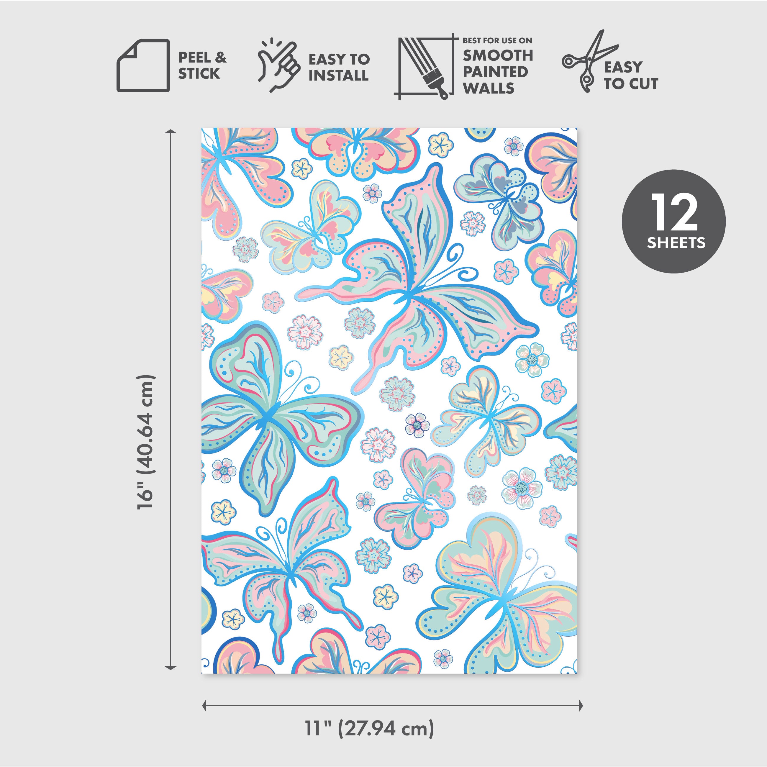Bohemian Butterflies Peel & Stick Wallpaper Sheets – 12 Pack