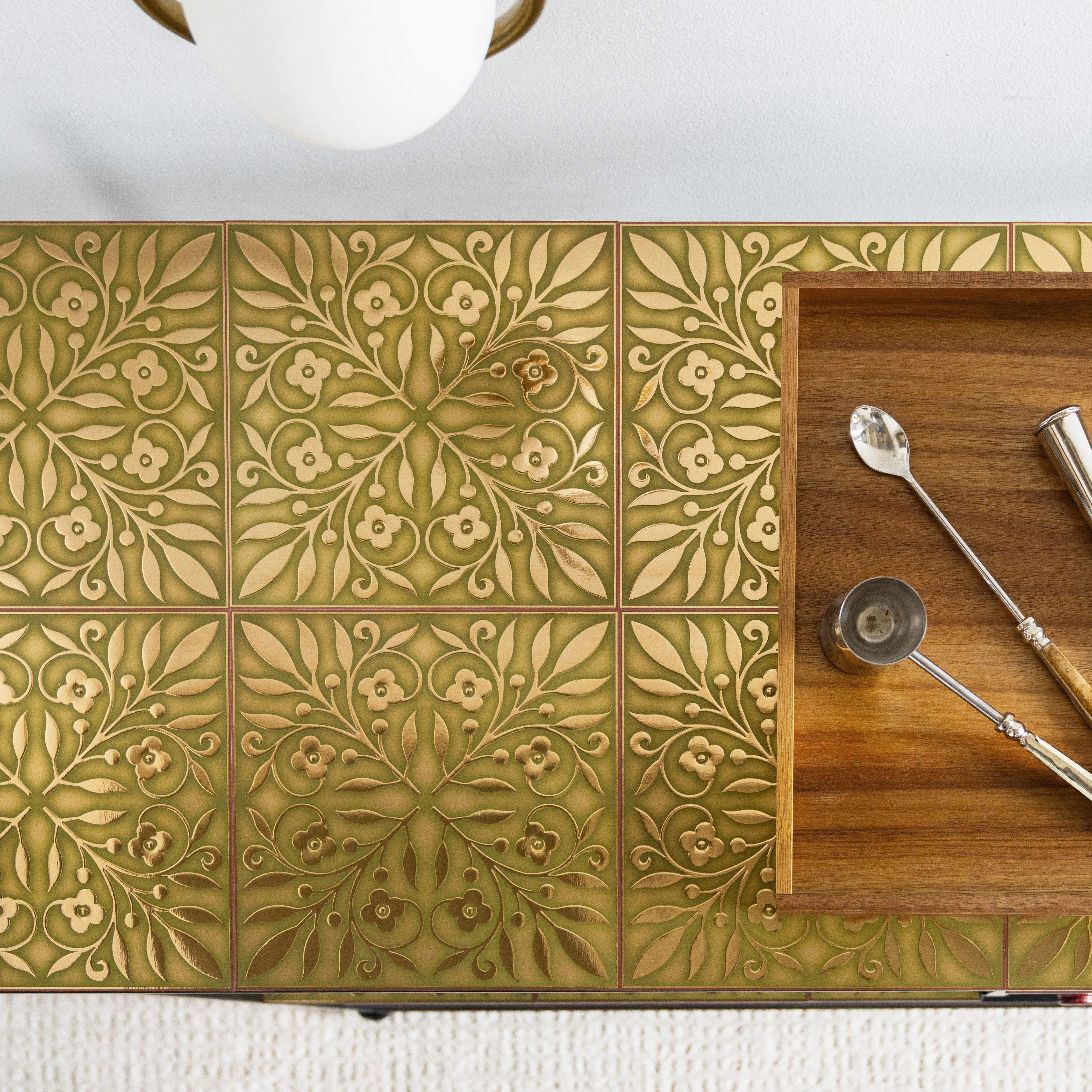 Gold and Green Leaves Peel and Stick Wallpaper Tiles - 24 Pack