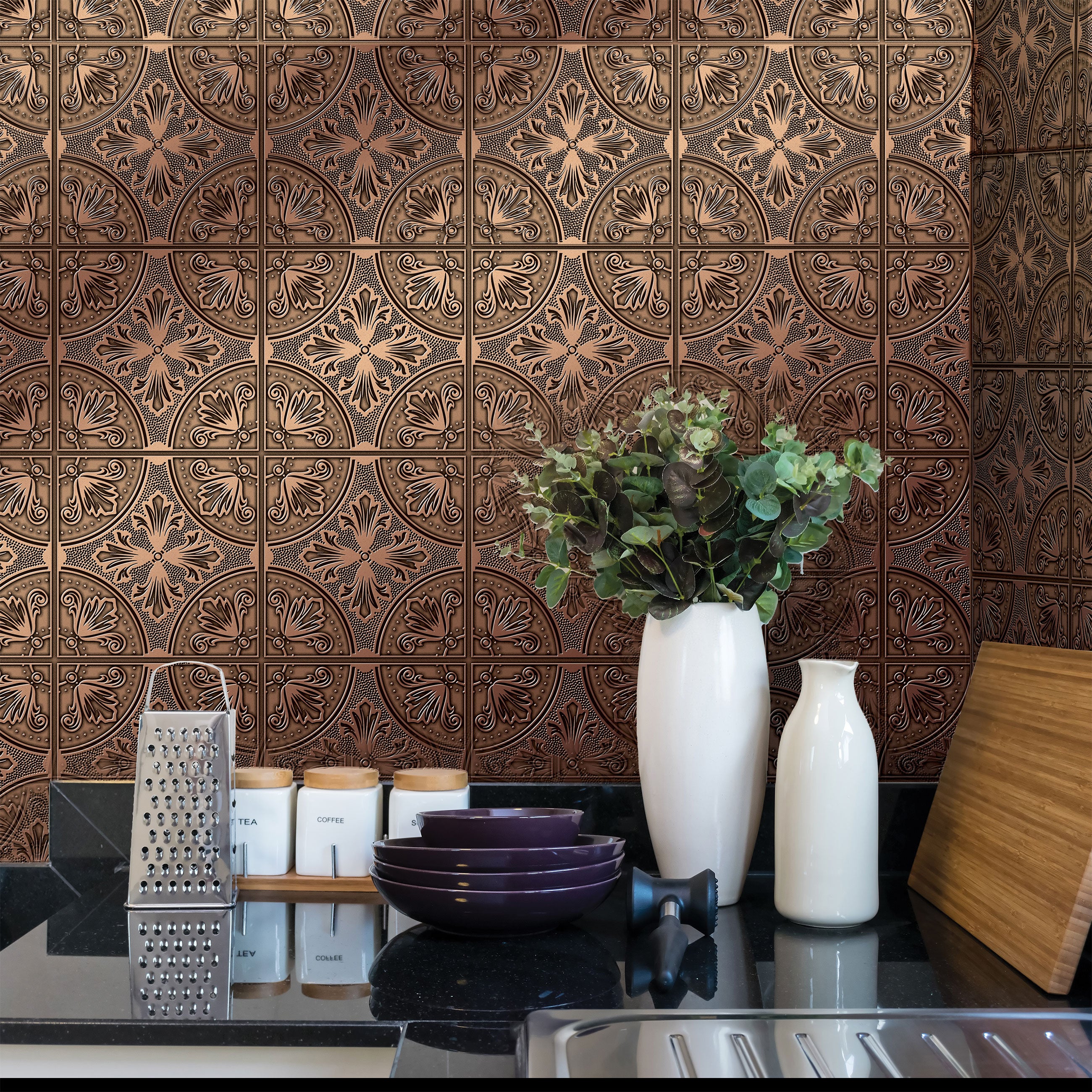 Dark Aged Bronze Fleur Peel and Stick Wallpaper Tiles - 24 Pack