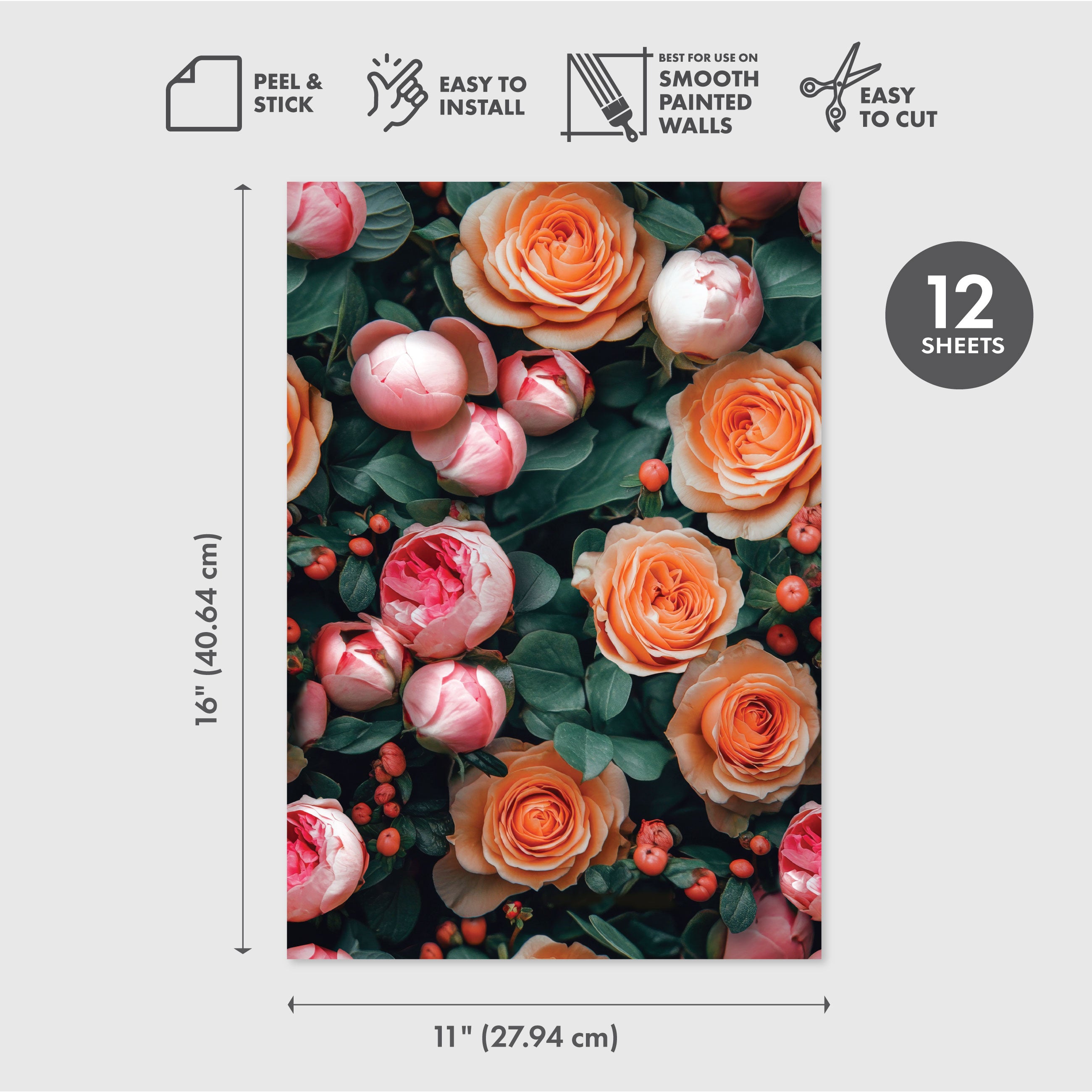 Fresh Roses Peel & Stick Wallpaper Sheets – 12 Pack