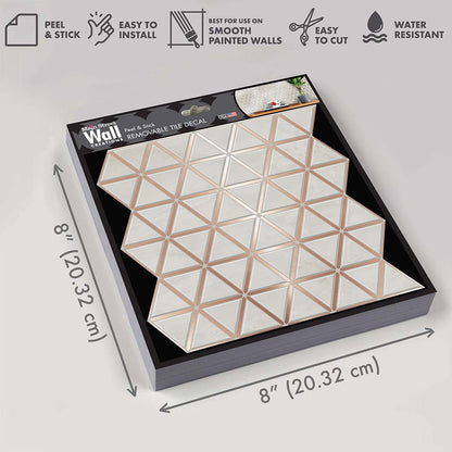 Rose Gold Triangles – Peel and Stick Wall Tile 8x8" in Faux Marble and Metallic Finish