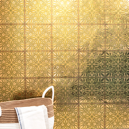 Gold and Green Leaves Wall Tile – Peel and Stick 8x8" DIY Tile for Accent Walls & Crafts