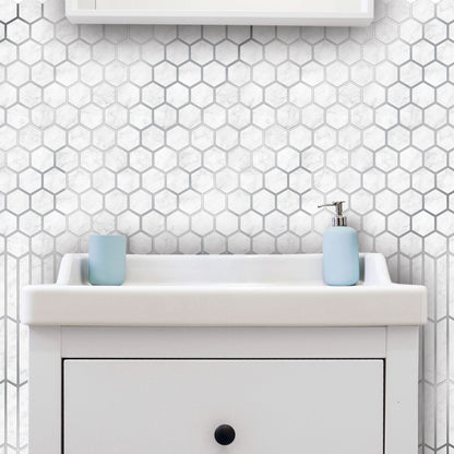 Marble Silver Hexagon – Peel and Stick Wallpaper Tiles 8" x 8"
