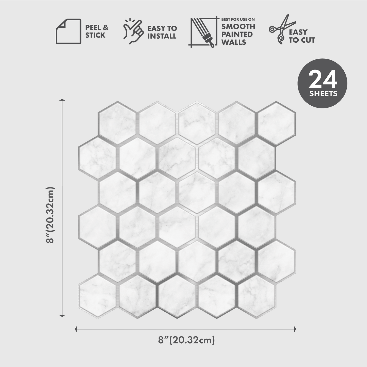 Marble Silver Hexagon – Peel and Stick Wallpaper Tiles 8" x 8"
