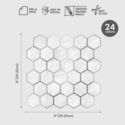 Marble Silver Hexagon – Peel and Stick Wallpaper Tiles 8" x 8"