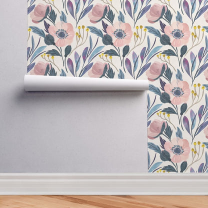Pink Wildflowers – Peel and Stick Wallpaper Roll 20.5" x 16 ft in Pastel Meadow Bloom
