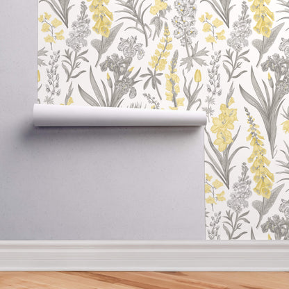 Yellow & Grey Botanical – Peel and Stick Wallpaper Roll 20.5" x 16 ft in Vintage Floral Modern