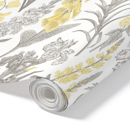 Yellow & Grey Botanical – Peel and Stick Wallpaper Roll 20.5" x 16 ft in Vintage Floral Modern