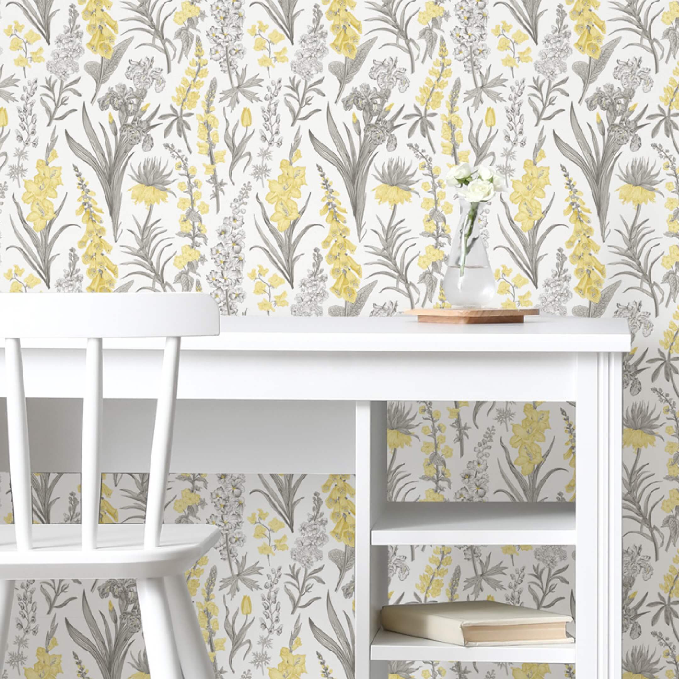 Yellow & Grey Botanical Peel and Stick Wallpaper Roll