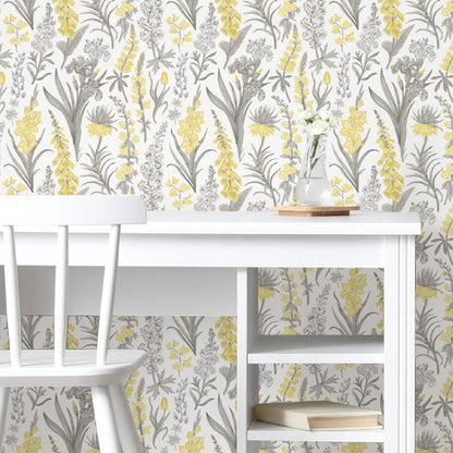 Yellow & Grey Botanical – Peel and Stick Wallpaper Roll 20.5" x 16 ft in Vintage Floral Modern