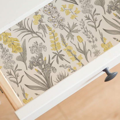 Yellow & Grey Botanical – Peel and Stick Wallpaper Roll 20.5" x 16 ft in Vintage Floral Modern
