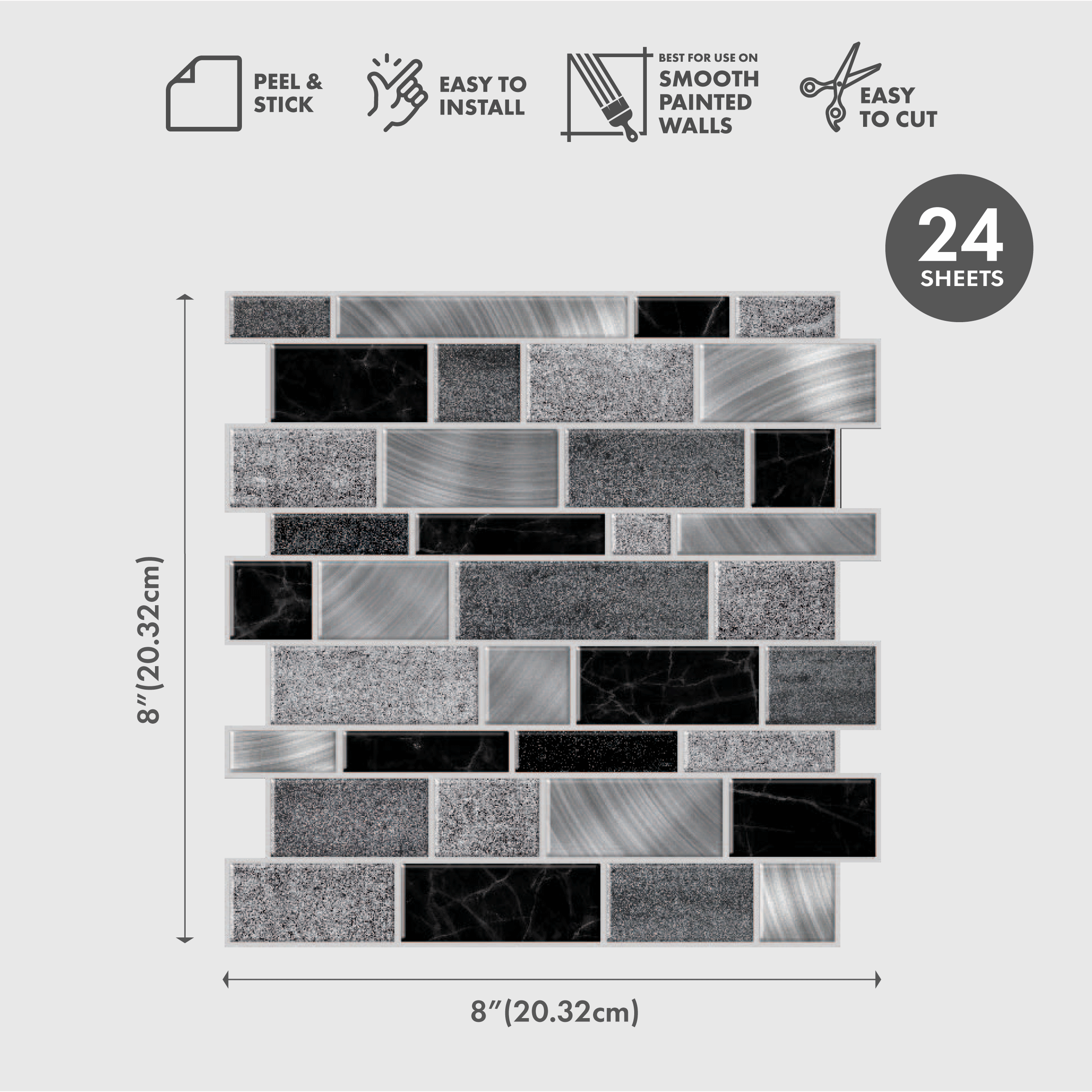 Silver and Black Mosaics Peel and Stick Wallpaper Tiles - 24 Pack