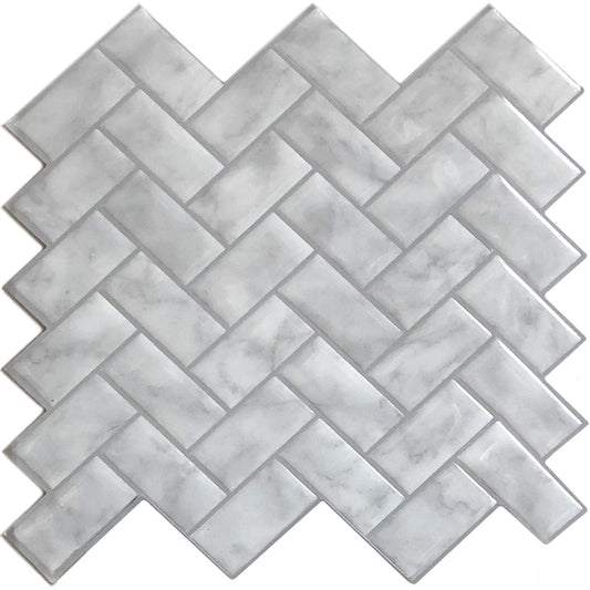 Marble Herringbone – Peel and Stick Backsplash Tile 10x10" in Sculpted Faux Marble Finish