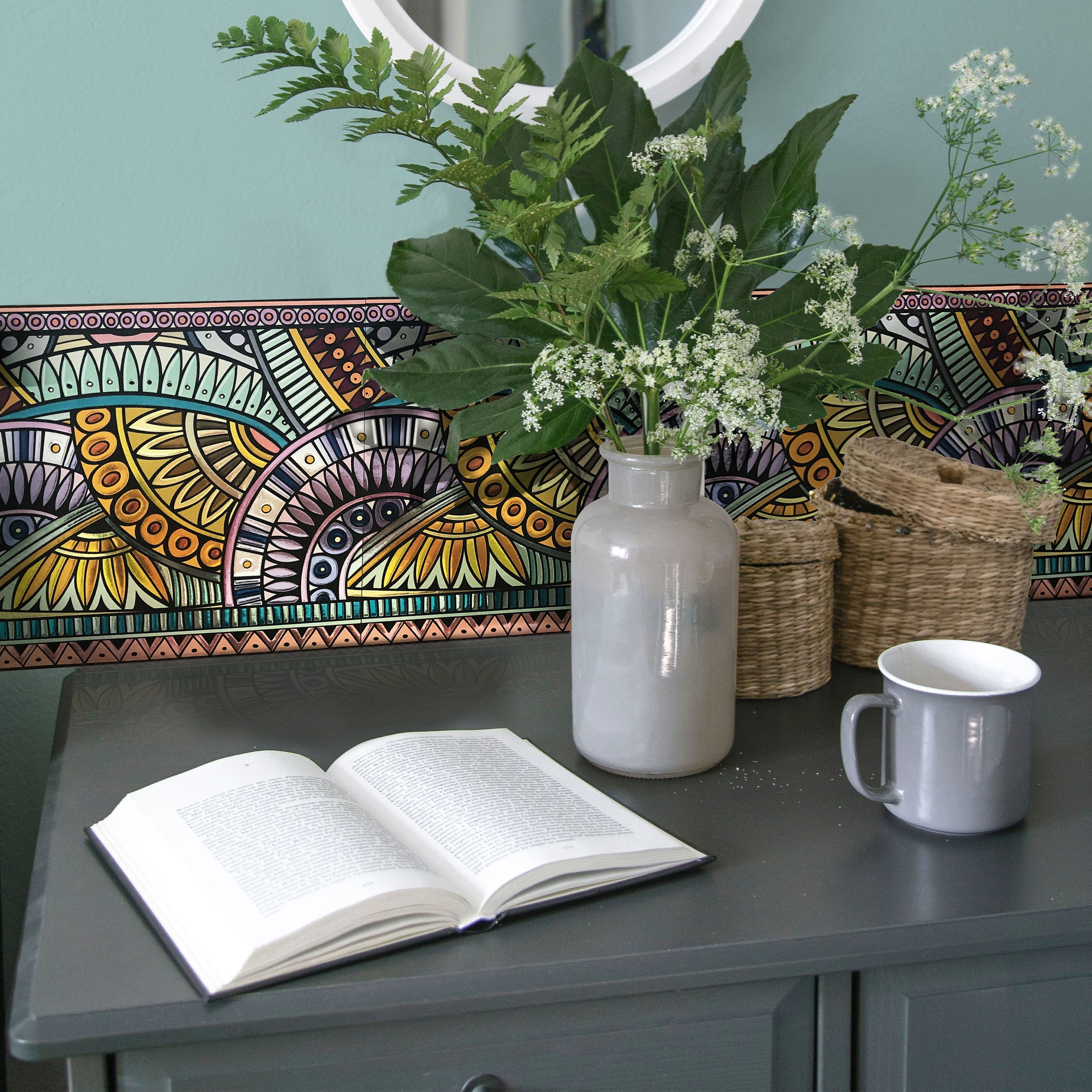 Tribal Flowers Peel and Stick Wallpaper Tiles - 24 Pack