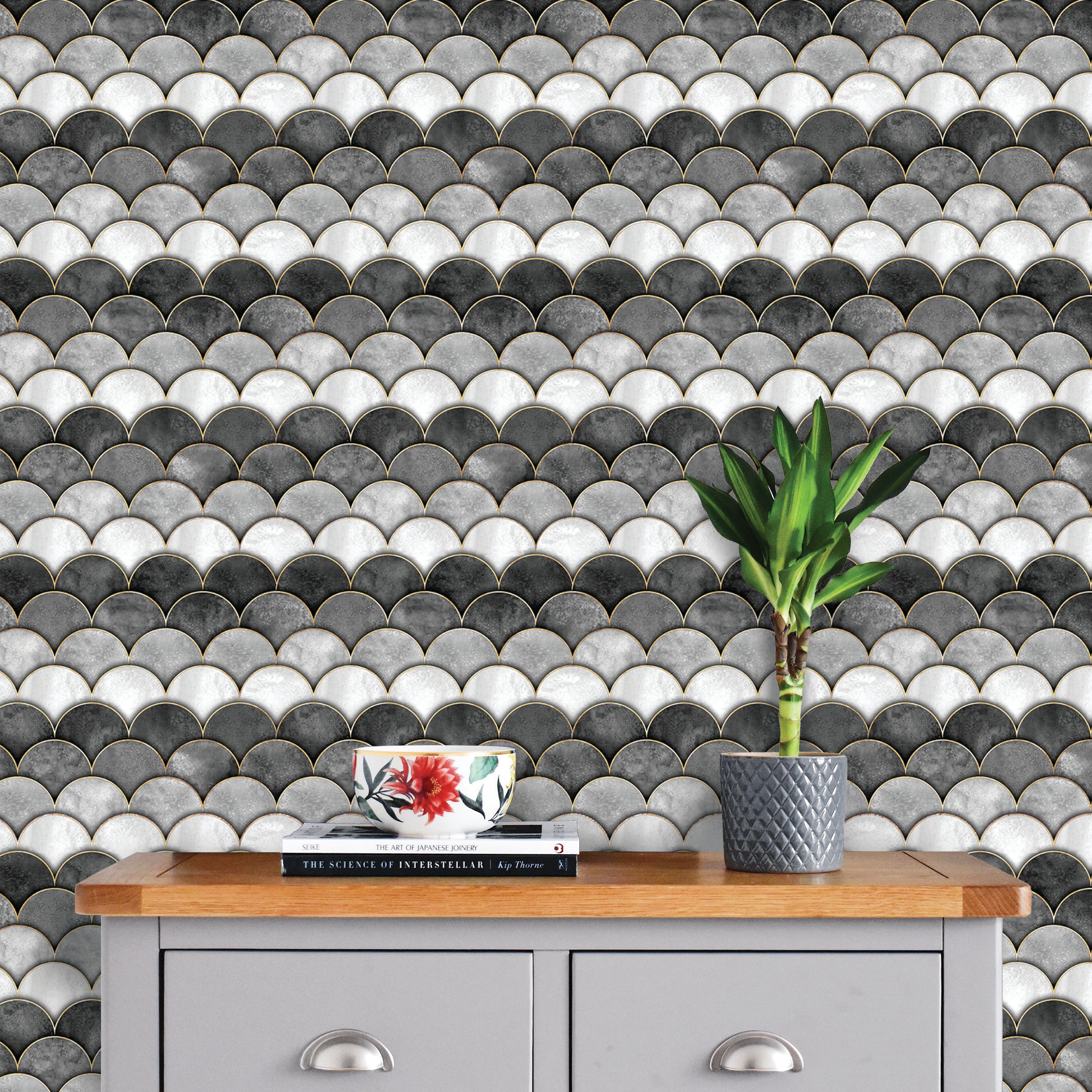 Black & Grey Scales Peel and Stick Wall Tiles - 8 Pack