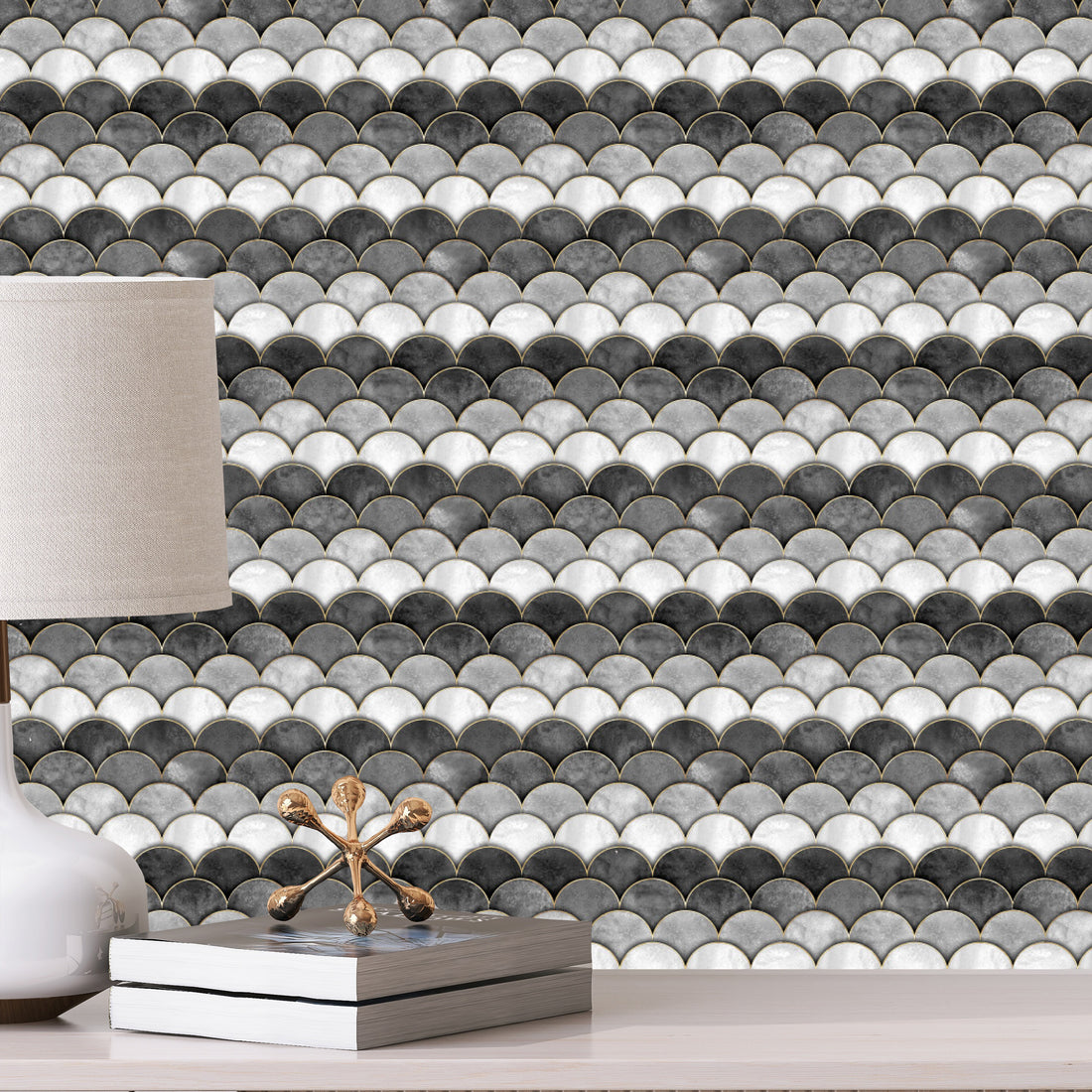 Black & Grey Scales Peel and Stick Wall Tiles - 8 Pack