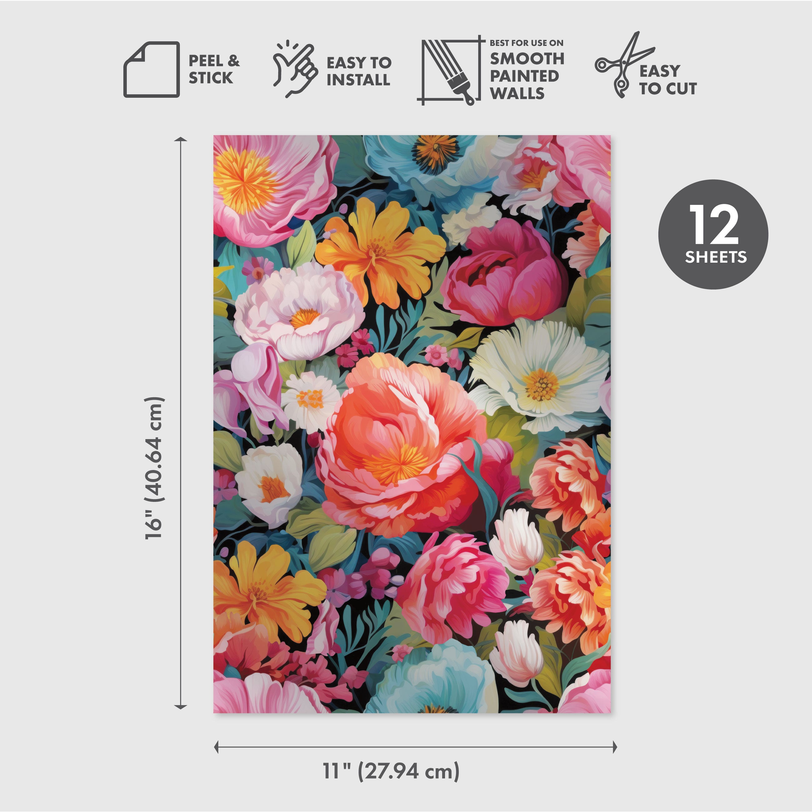 Vibrant Flowers Peel & Stick Wallpaper Sheets – 12 Pack