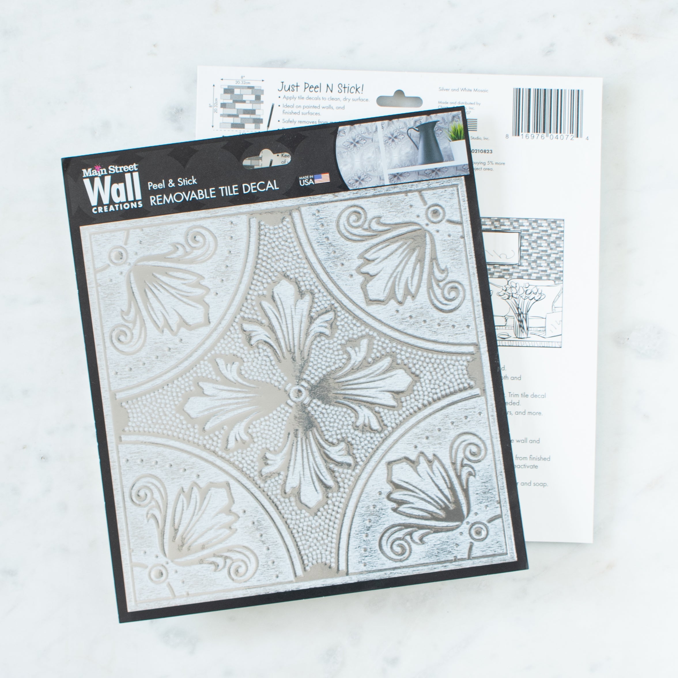 White Painted Silver Fleur Peel and Stick Wallpaper Tiles - 24 Pack