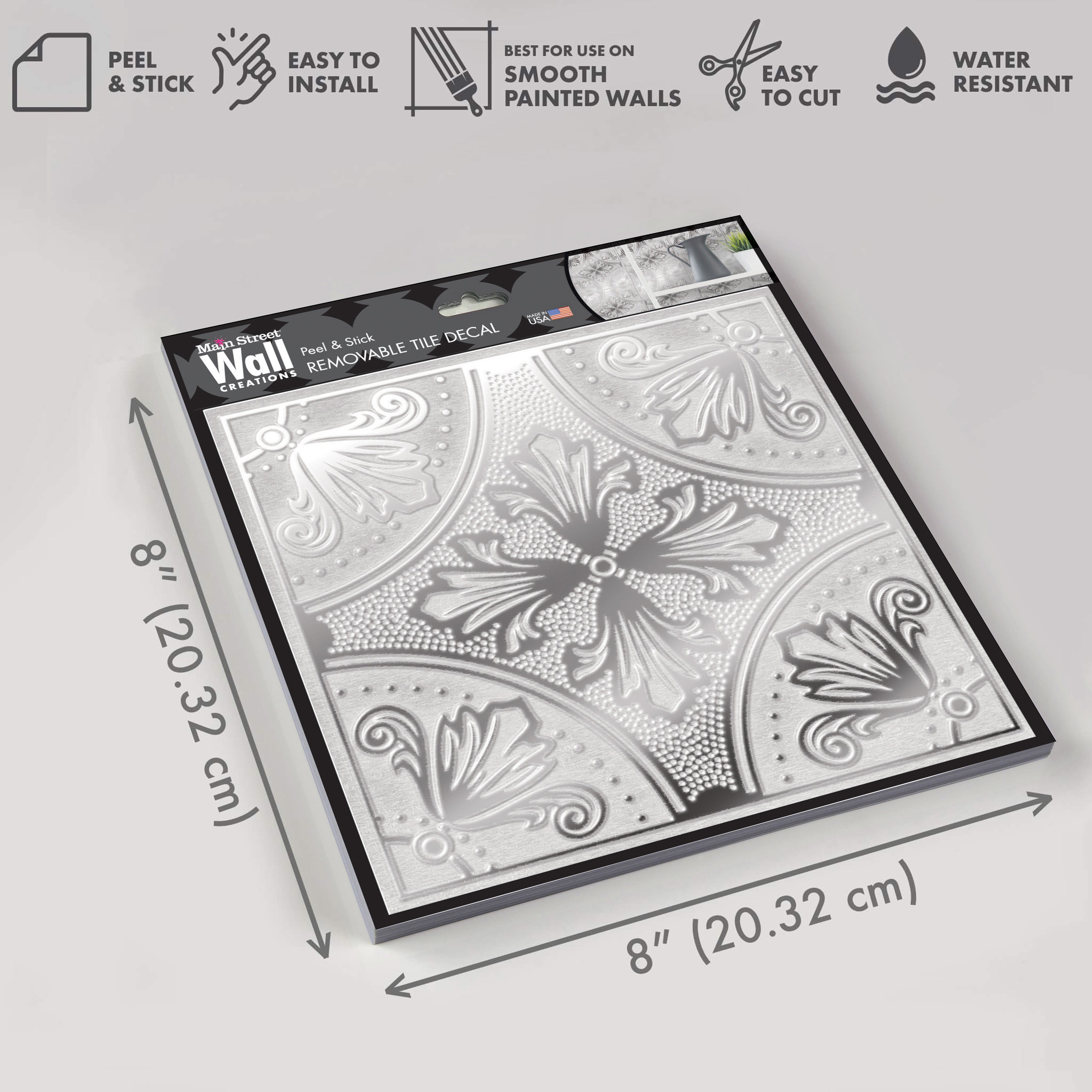 White Painted Silver Fleur Peel and Stick Wallpaper Tiles - 24 Pack