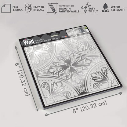 White Painted Silver Fleur Tile Decal – Removable 8x8" Peel and Stick Metallic Wall Tile for DIY & Home Decor