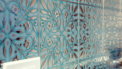 Teal and Silver Leaves – Peel and Stick Tile Decal 8 x 8" in Coastal Sparkle