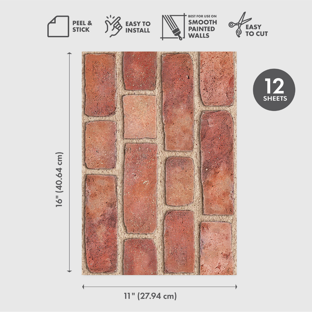 Red Bricks Peel & Stick Wallpaper Sheets – 12 Pack