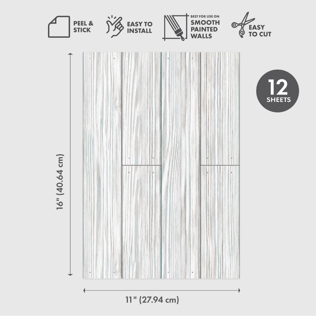 Eco-Friendly Peel and Stick Wallpaper Sheets 11” x 16” - Distressed Wood Grey