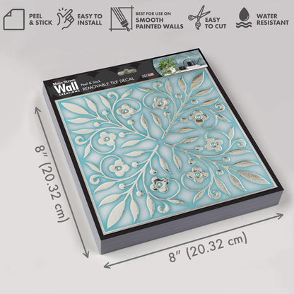 Teal and Silver Leaves – Peel and Stick Tile Decal 8 x 8" in Coastal Sparkle